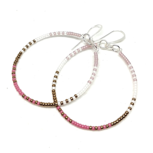 Beauty Hoops: Silver-plated beaded hoops featuring seed beads in amethyst, white, bronze and mulberry.