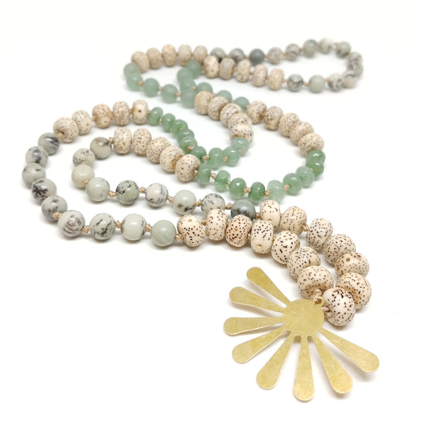 Culp Valley Necklace, long 108 bead knotted mala necklace, grass jasper, aventurine, bodhi seeds, brass sunburst pendant