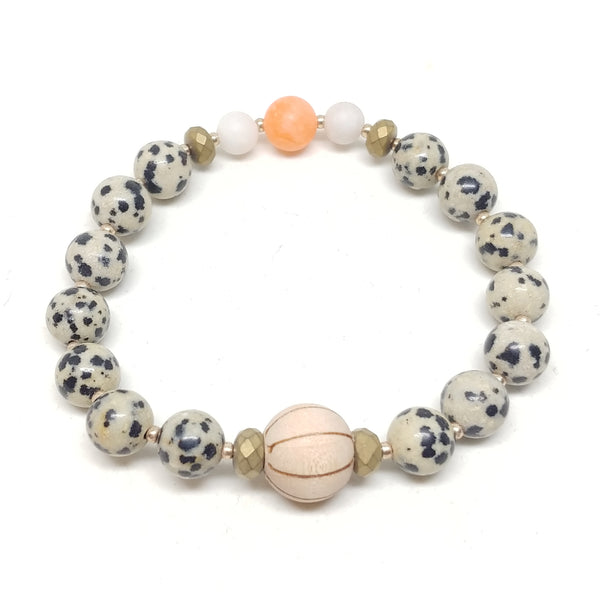 Coyote Canyon stretch bracelet, dalmatian jasper, hematite, agate, jade, wood, 8"