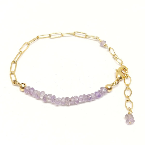February birthstone amethyst bracelet on gold-plated paper clip chain.