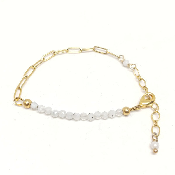 June birthstone moonstone bracelet on gold-plated paper clip chain.