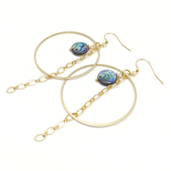 Abalone hoop earrings, raw brass hoops, gold chain fringe, gold plated ear wires, fringe benefits collection