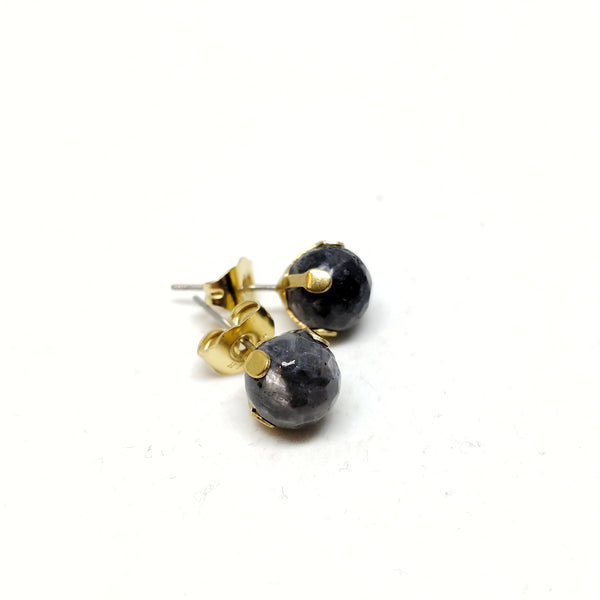 8mm faceted round larvikite stud earrings.
