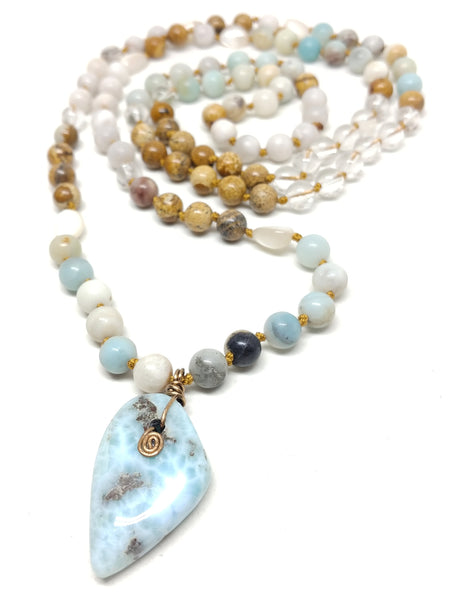 Larimar Mala Necklace--108 beads plus Larimar pendant, made with Amazonite, Mother of Pearl, Painted Jasper, Clear Quartz, and Phoenix Agate. 46" long.