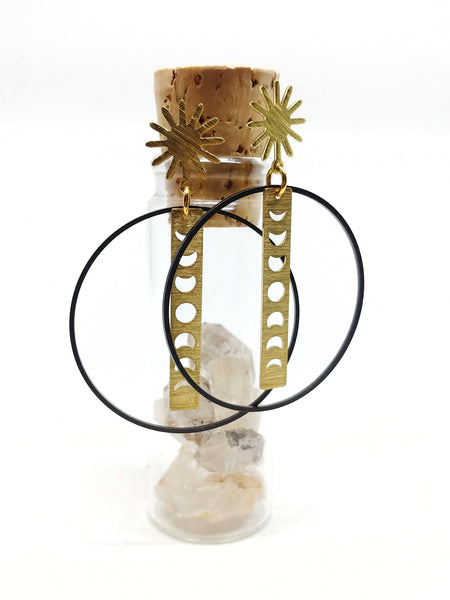 65mm Raw brass Sunburst studs with black oxidized black hoop and raw brass moon phase charm.
