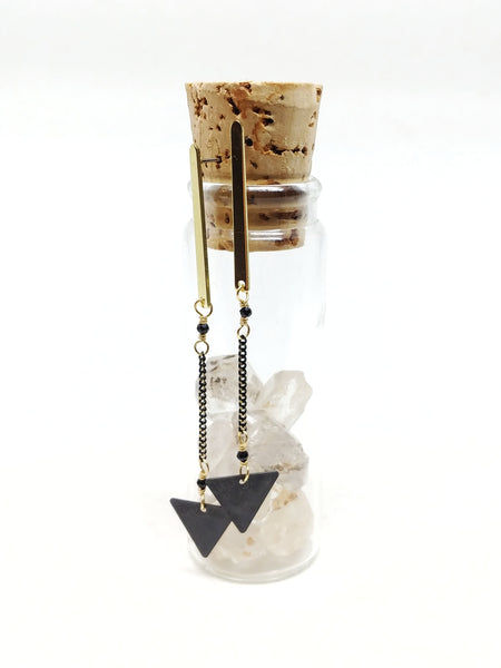 82mm raw brass long bar studs with black crystals, oxidized black brass chain and triangle charms.