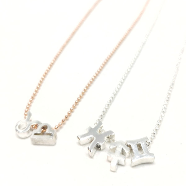 Zodiac choker in rose gold-plated ball chain and sterling silver rolo chain, featuring 2 or 3 tiny silver-plated zodiac charms, respectively.