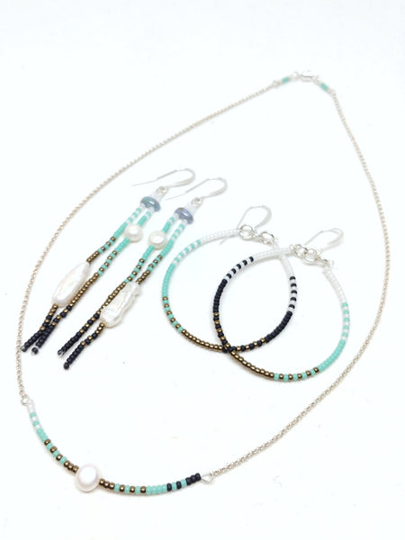 Calm Jewelry Set: Silver dangles, hoops and necklace 
