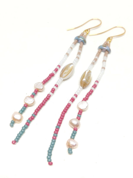 Gratitude Dangles: Gold ear wires, featuring mother of pearl, pearls, and seed beads in beige, white, mulberry and cyan.