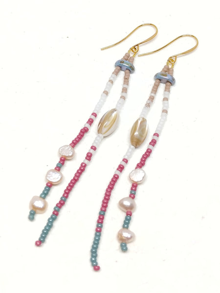 Gratitude Dangles: Gold ear wires, featuring mother of pearl, pearls, and seed beads in beige, white, mulberry and cyan.
