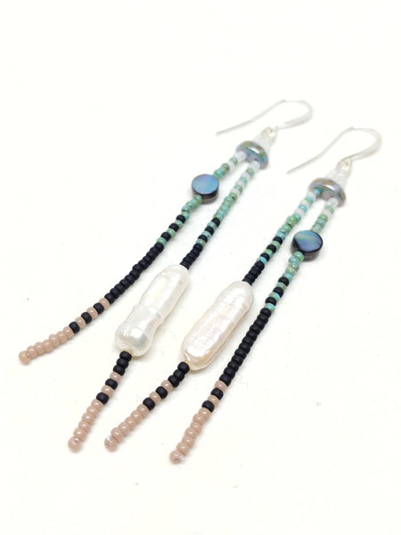 Peaceful Dangles: Silver wires, featuring abalone, pearls, and seed beads in white, turquoise, black and beige.