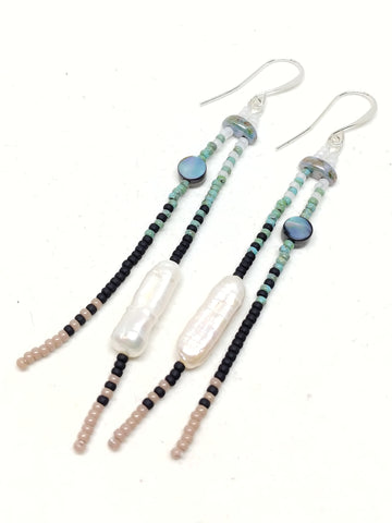Peaceful Dangles: Silver wires, featuring abalone, pearls, and seed beads in white, turquoise, black and beige.