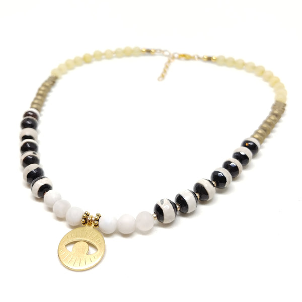 Anza-Borrego necklace, long mala-inspired necklace, brass pendant, tangerine jade, Dalmatian jasper, phoenix agate 