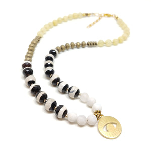 Desert Sunrise Necklace, short necklace, mala-style, Brass eye pendant, phoenix agate, dzi beads, hematite, yellow jade (dyed)