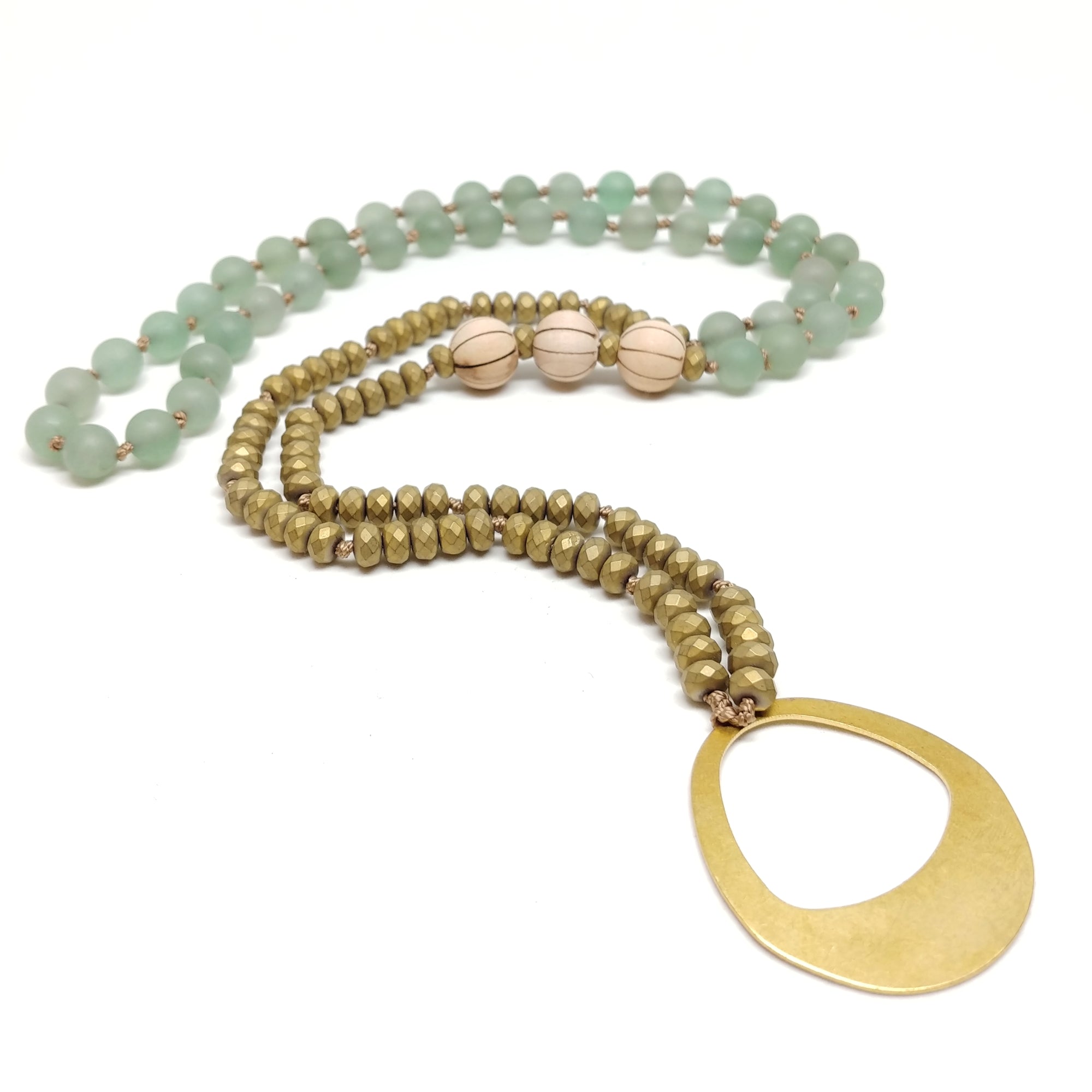 Palm Canyon Necklace, 33" mala-style knotted necklace, aventurine, hematite and sandal wood, brass oval pendant