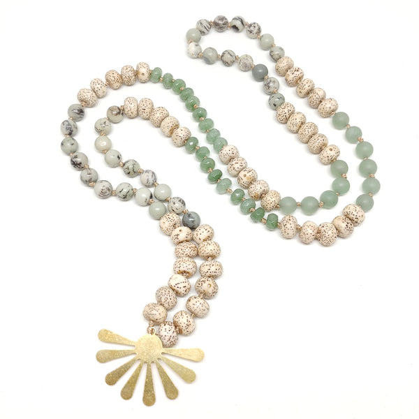 Culp Valley Necklace, long 108 bead knotted mala necklace, grass jasper, aventurine, bodhi seeds, brass sunburst pendant