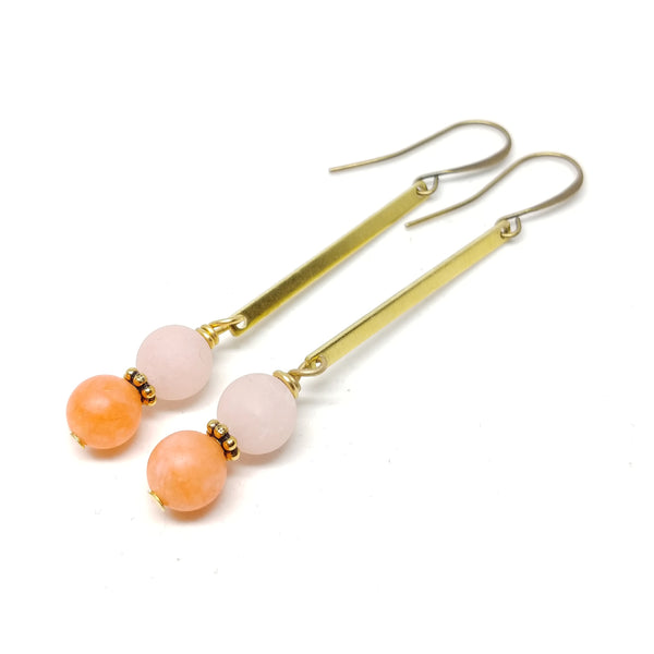 Desert Sunset Earrings, Tangerine and Pale Peach Jade (both dyed), raw brass