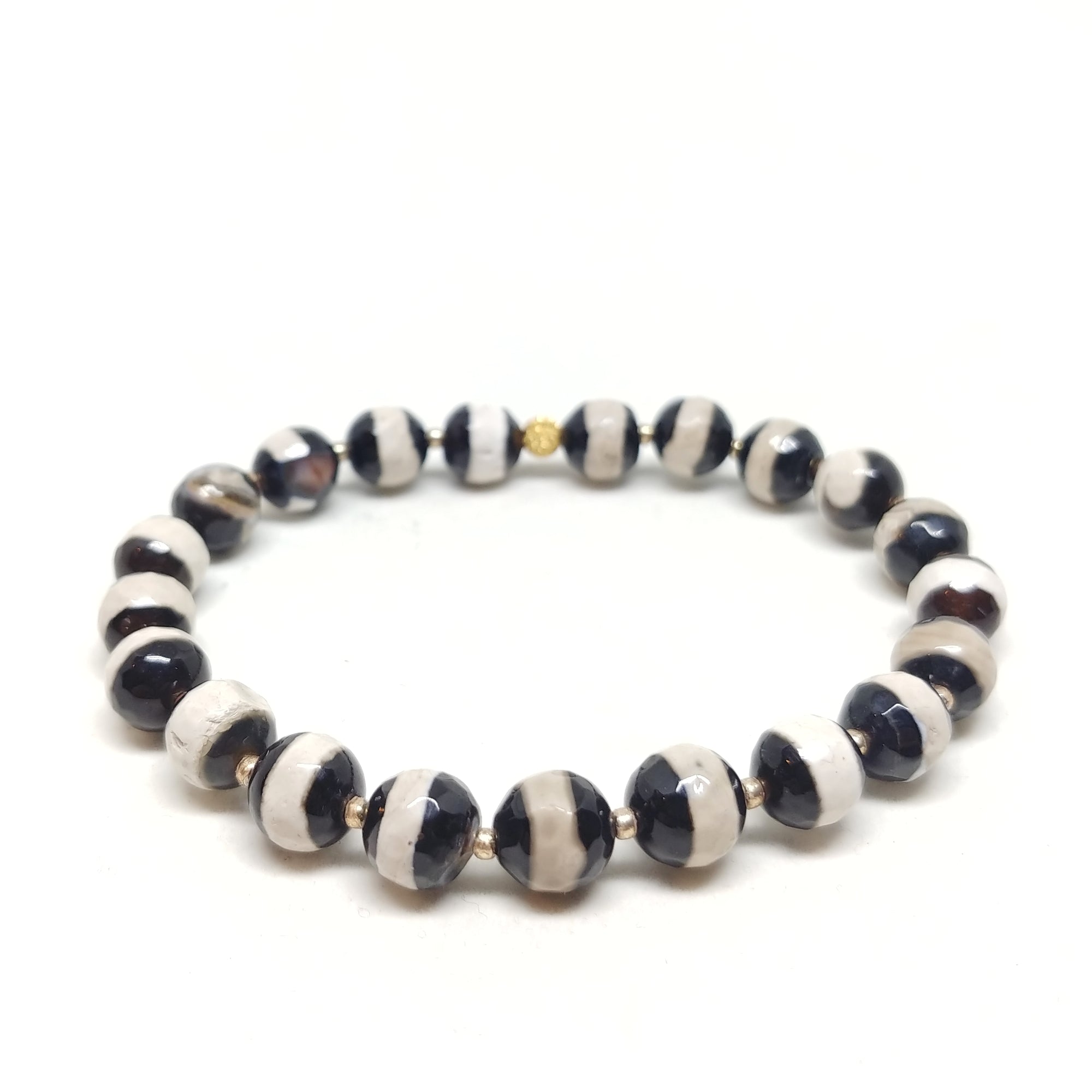 Slot Canyon stretch bracelet, black and white dzi agate beads with gold spacer beads, 7 1/2"