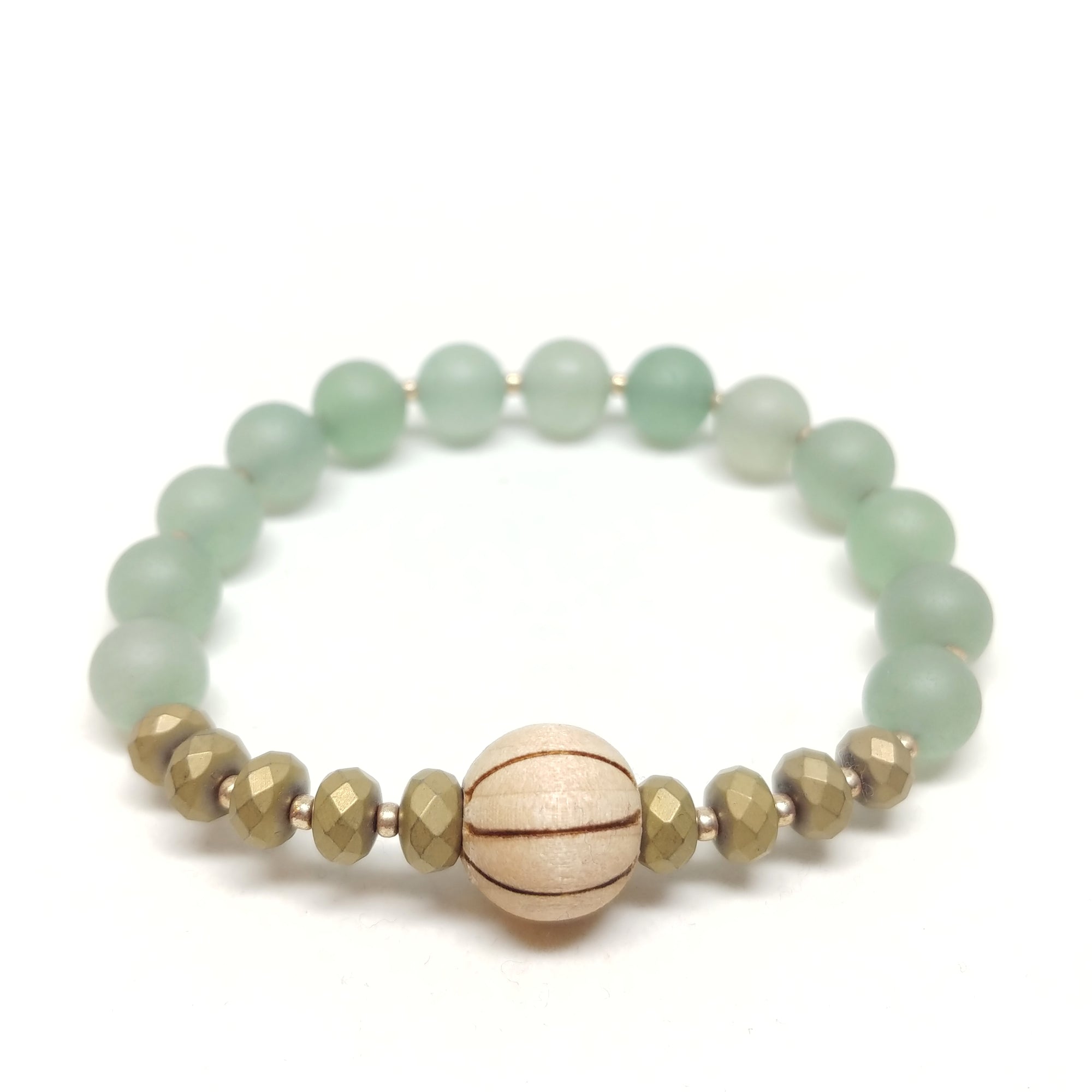 Saguaro stretch bracelet, aventurine, hematite, wood, gold spacer beads