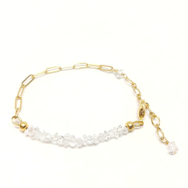 April birthstone herkimer diamond bracelet on gold-plated paper clip chain.