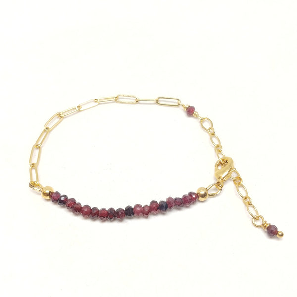 January birthstone garnet bracelet on gold-plated paper clip chain.