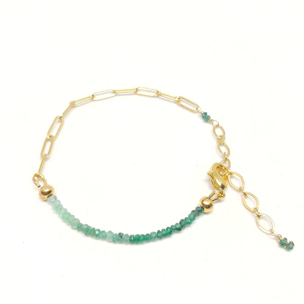 May birthstone emerald bracelet on gold-plated paper clip chain.