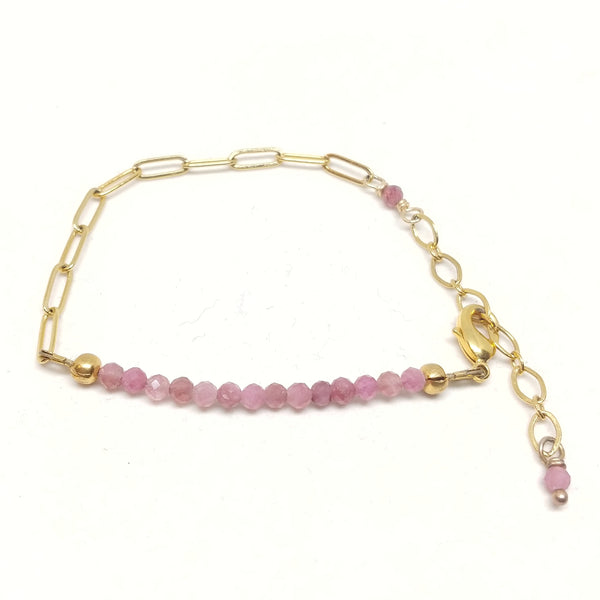 October birthstone pink tourmaline bracelet on gold-plated paper clip chain.