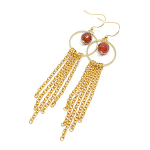Carnelian hoops, gold-plated chain fringe, raw brass, carnelian beads, fringe benefits collection