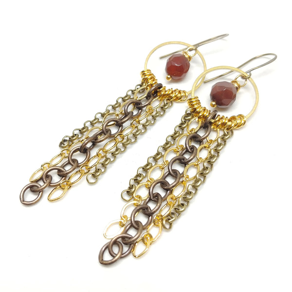 Carnelian mixed metal fringe hoops, raw brass, antique brass, gold-plating, faceted carnelian beads, fringe benefits collection