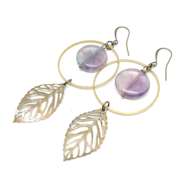 Flourite hoops, antique and raw brass, leaf embellishment, flourite beads, fringe benefits collection