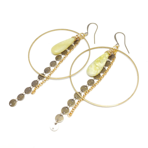 Green stone teardrop statement hoops with chain fringe, raw and antique brass, gold-plating, fringe benefits collection