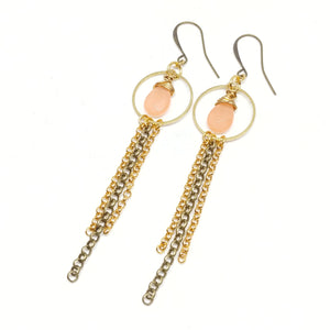 Jade Mixed Metal Hoops with chain fringe, raw and antique brass, gold-plated chain, peach jade, fringe benefits earrings
