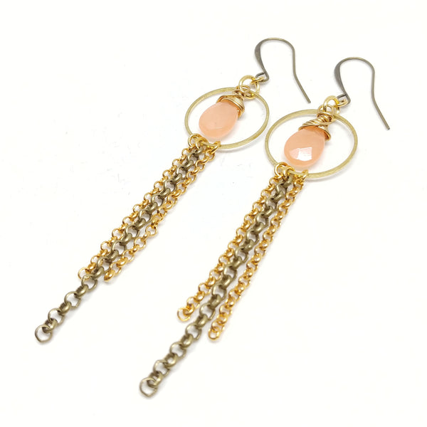Jade Mixed Metal Hoops with chain fringe, raw and antique brass, gold-plated chain, peach jade, fringe benefits earrings