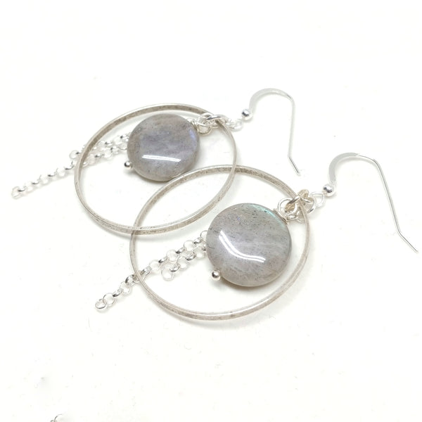 Labradorite hoops, sterling silver ear wires and chain, silver-plated hoops, labradorite, fringe benefits collection.