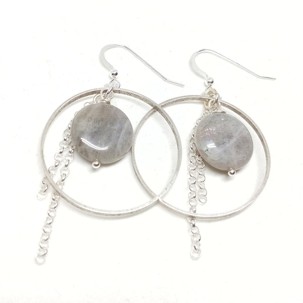 Labradorite hoops, sterling silver ear wires and chain, silver-plated hoops, labradorite, fringe benefits collection.