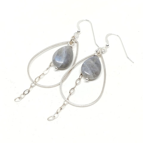 Sterling Silver ear wires and chain, Silver-Plated hoops, Labradorite, Fringe Benefits Collection.