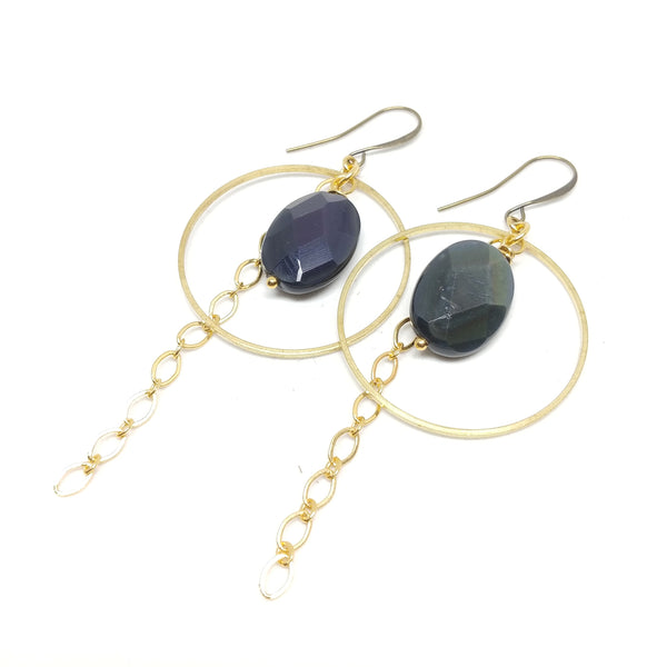 Obsidian Hoops, Gold-Plated ear wire and chain, Raw Brass hoop, Obsidian, Fringe Benefits Collection.