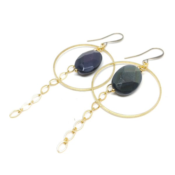 Obsidian Hoops, Gold-Plated ear wire and chain, Raw Brass hoop, Obsidian, Fringe Benefits Collection.