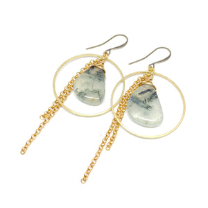 Prehnite hoops, Raw Brass ear wires and hoops, Gold-Plated Chain, Prehnite, Fringe Benefits Collection.