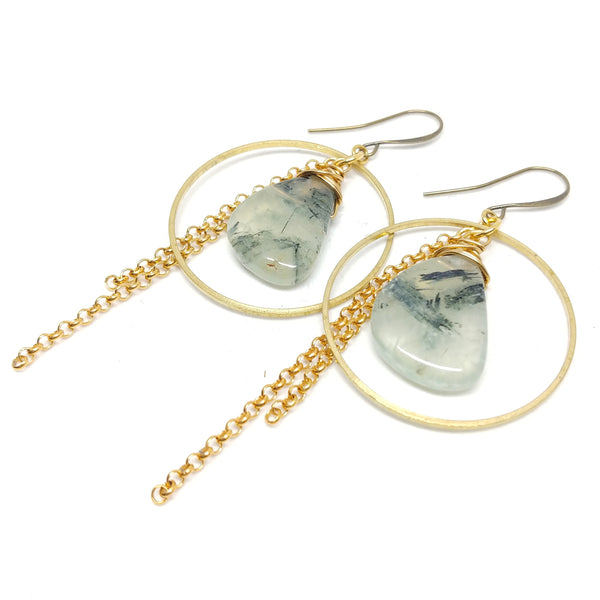 Prehnite hoops, Raw Brass ear wires and hoops, Gold-Plated Chain, Prehnite, Fringe Benefits Collection.