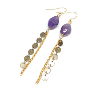 Purple Fringe Earrings, Gold-Plated ear wire and chain, Antique Brass disc chain, Purple Agate, Fringe Benefits Colleciton.