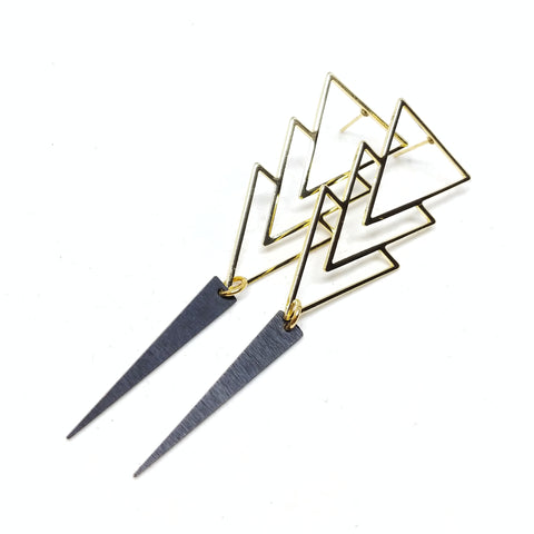 82mm long gold-plated triple layered triangle studs with black dagger.
