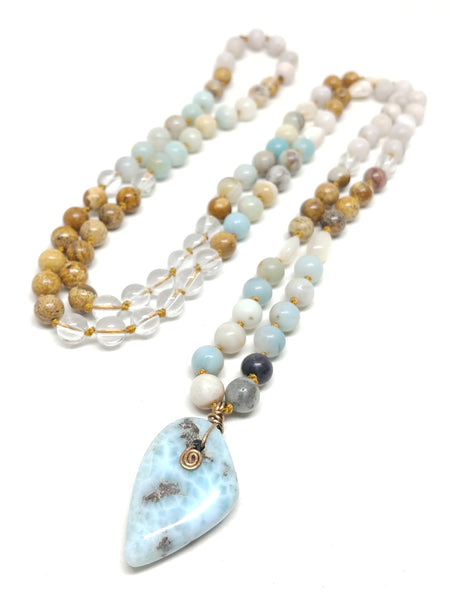 Larimar Mala Necklace--108 beads plus Larimar pendant, made with Amazonite, Mother of Pearl, Painted Jasper, Clear Quartz, and Phoenix Agate. 46" long.