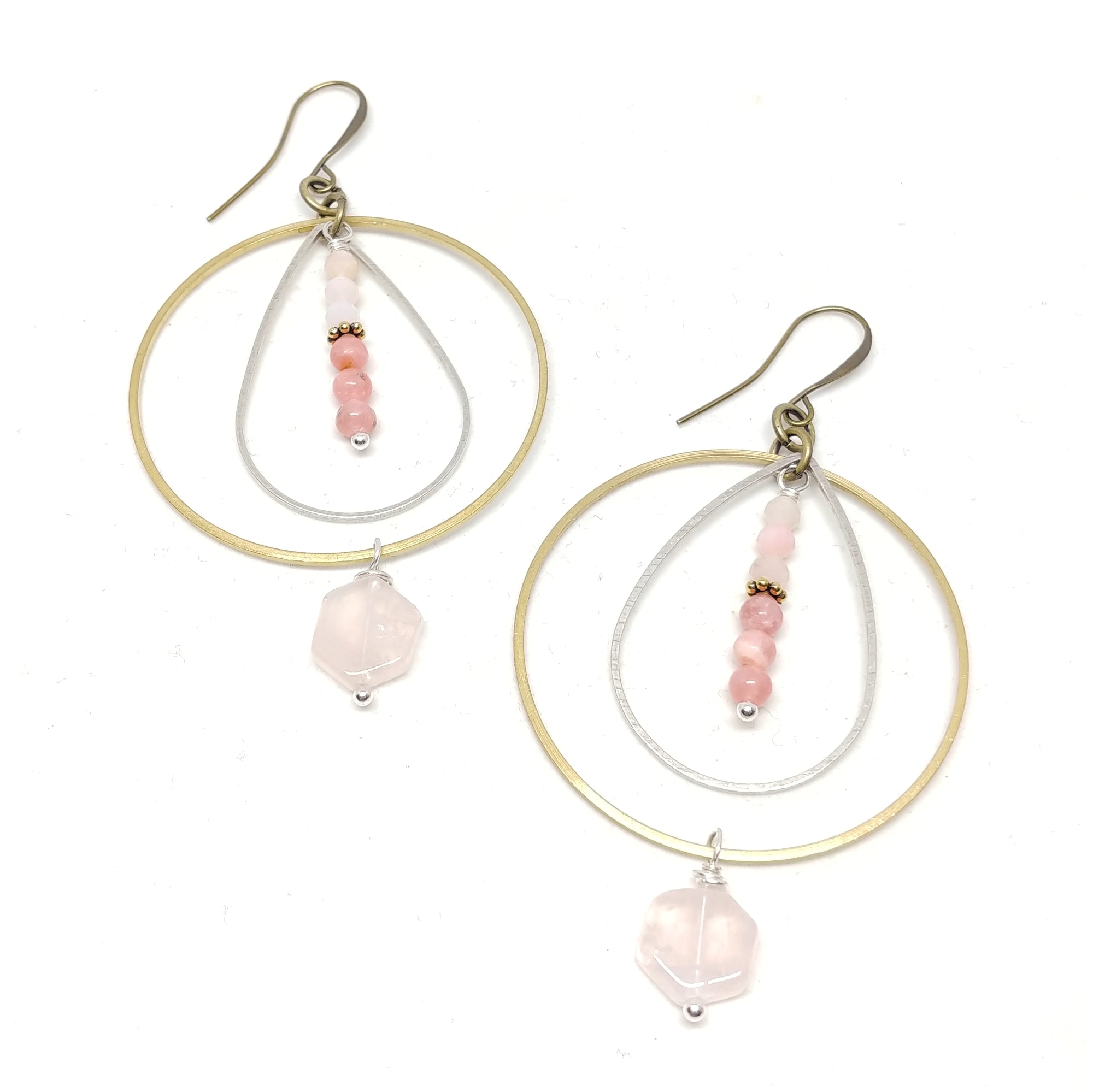 Rose Quartz, Pink Opal and Rhodochrosite Mixed Metal Hoops, Mother's Day Gift Set