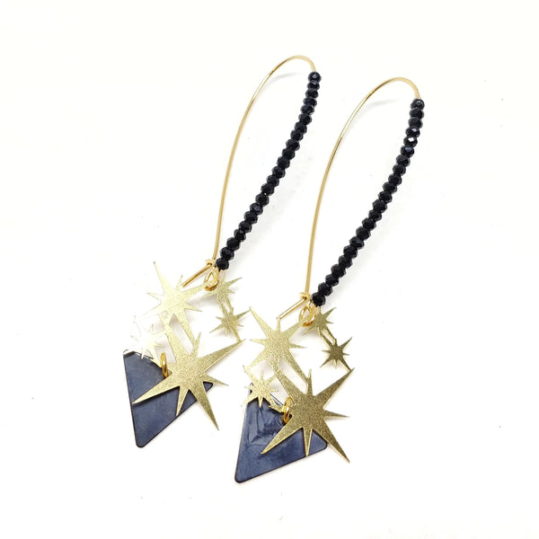 70mm gold plated kidney wire earring in my signature style with black crystals, brass starburst charm and black triangle charm.
