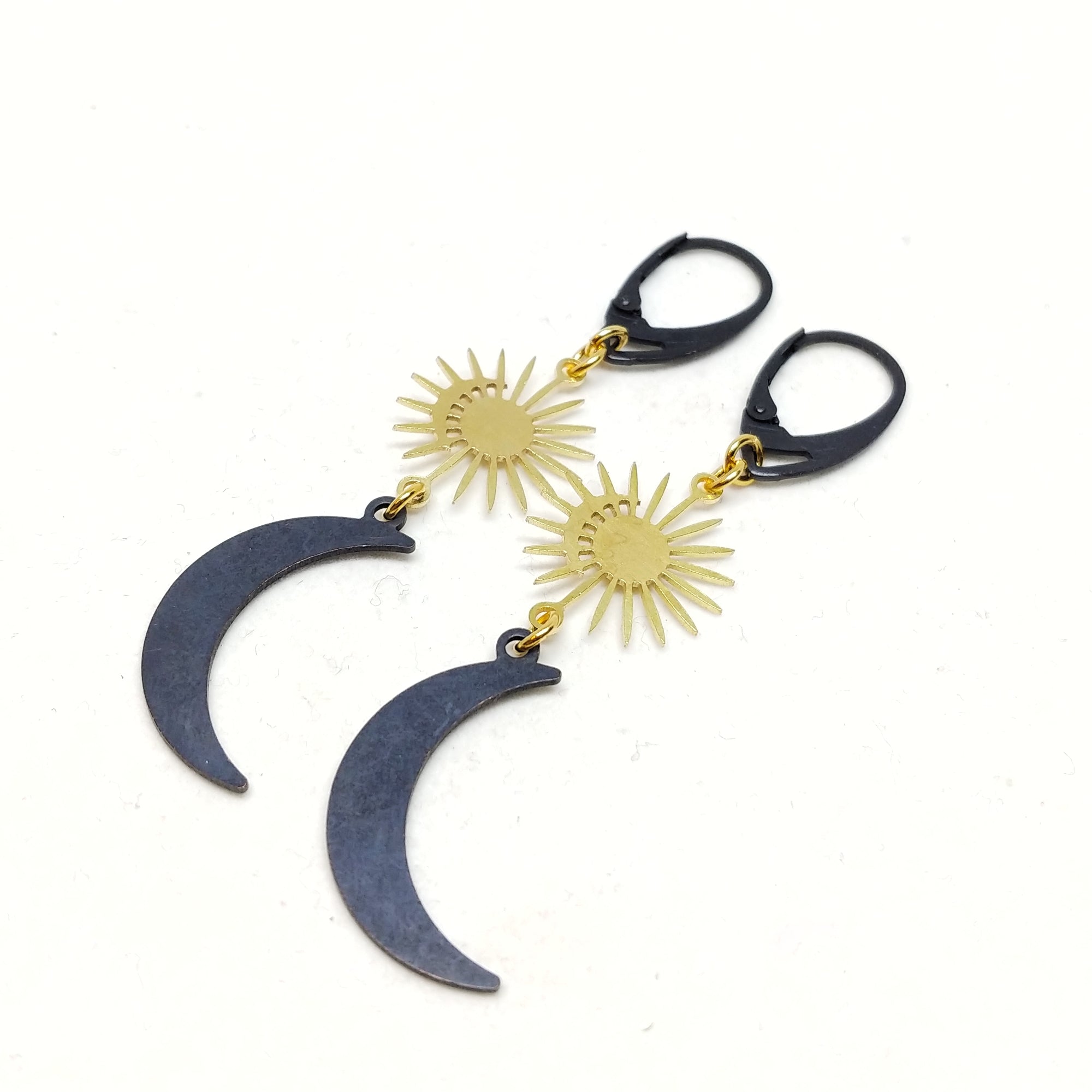 65mm oxidized black brass lever back ear hooks with raw brass sun & moon link with oxidized black brass crescent moon charm.