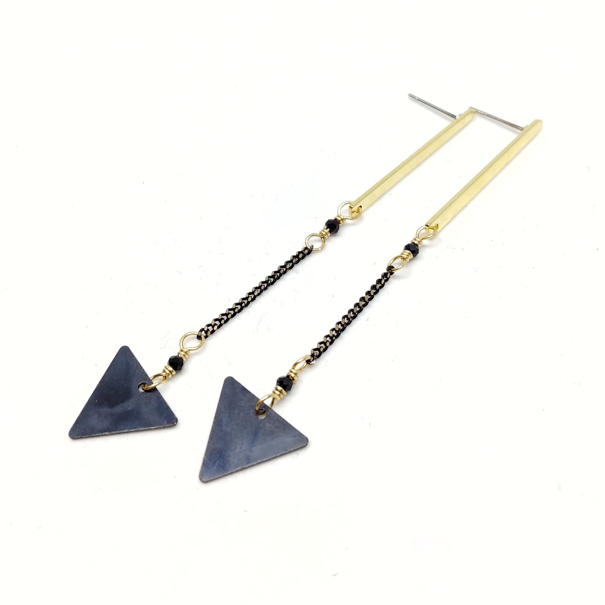 82mm raw brass long bar studs with black crystals, oxidized black brass chain and triangle charms.