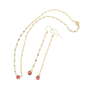 Heart's Desire Valentine's Day Gift Set; Vermeil Tourmaline Chain Necklace with Tiny Faceted Garnet Centerpiece; Delicate Tourmaline Chain Earrings with Garnet Drops