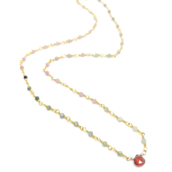 Heart's Desire Valentine's Day Gift; Vermeil Tourmaline Chain Necklace with Tiny Faceted Garnet Centerpiece