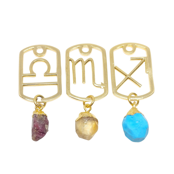 Gold Zodiac Dog Tags with raw birthstones: Libra & Pink Tourmaline, Scorpio & Citrine, Sagittarius & Turquoise.